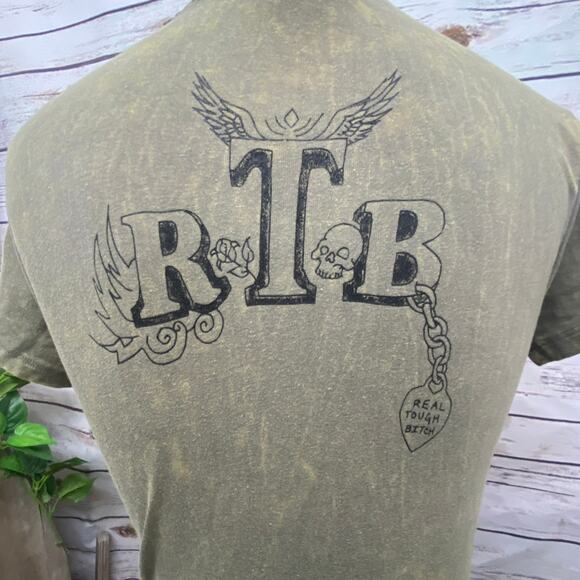 RTB Real Tough Babe Green Acid Washed Biker Babe Shirt Woman's Size Medium M - Picture 6 of 10